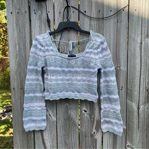 Aqua Blues Sage Green Lilac Striped Crochet Knit Long Sleeve‎ Crop Top XL